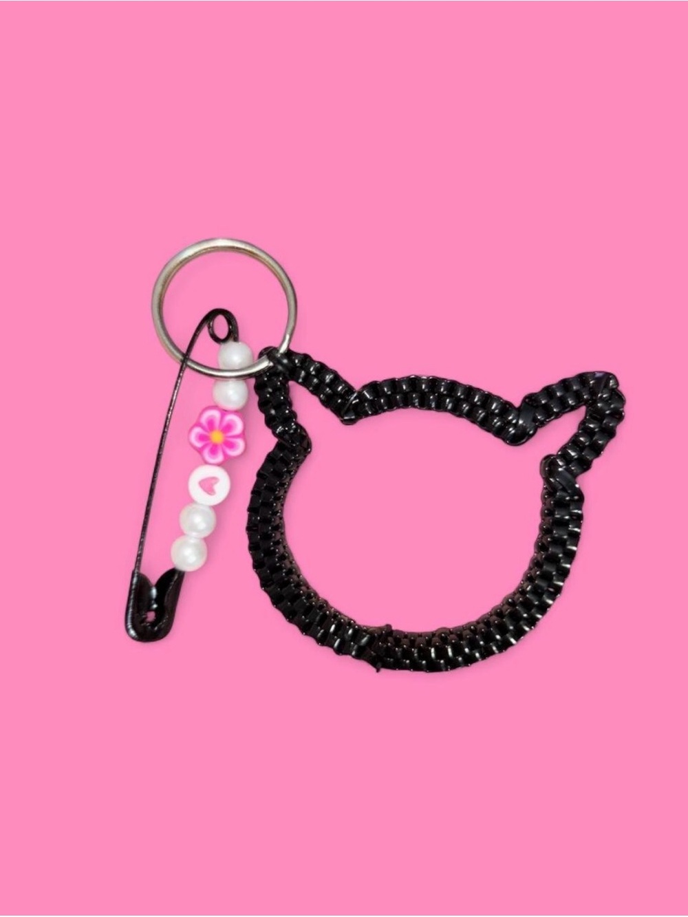 Black Cat-Shaped Keychain with Safety Pin Charm
